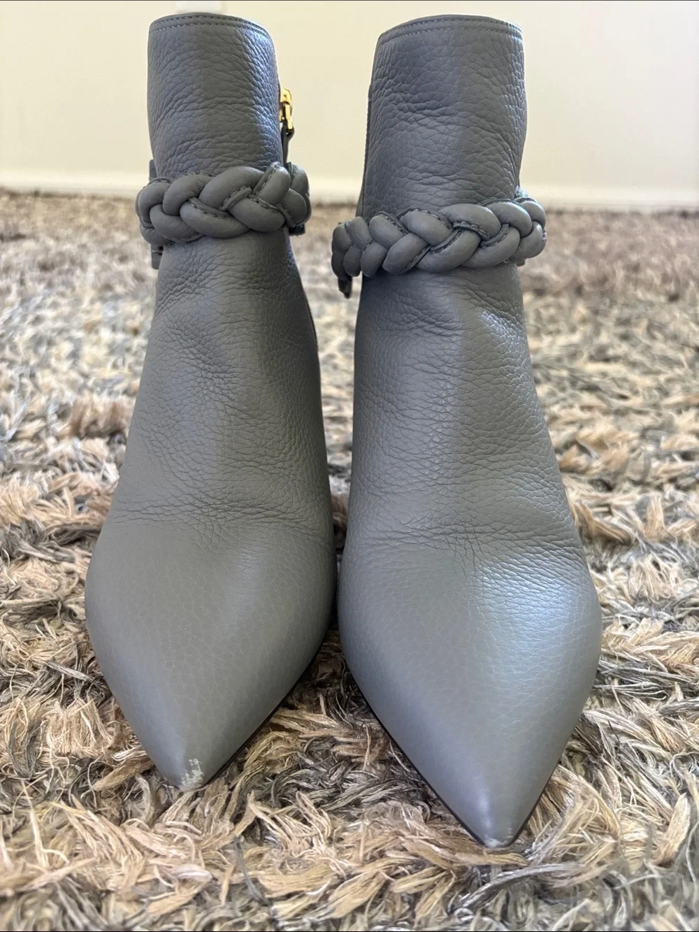 Valentino Garavani Gray Braided Leather Boots Size 39 Box Dustbag Heels 2.5”